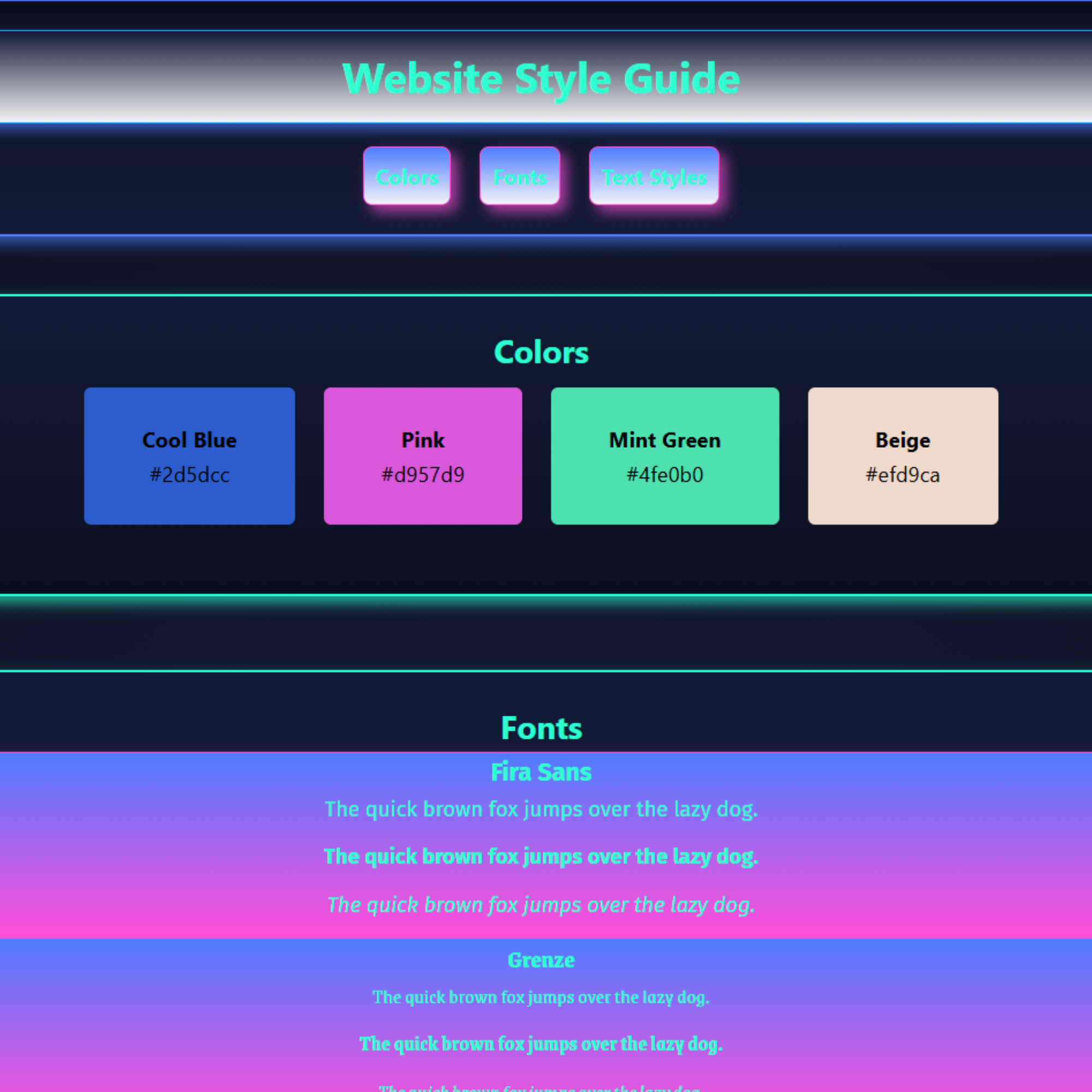 Page of stylized website style guide.